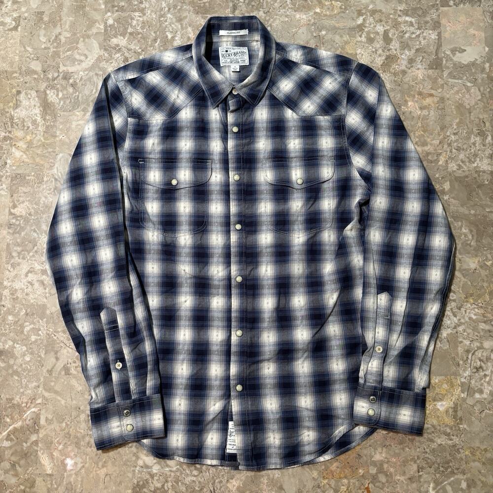 Lucky Brand Pearl Snap Shirt Mens Small Blue Shadow Plaid Western Yoke Rodeo - Picture 2 of 10